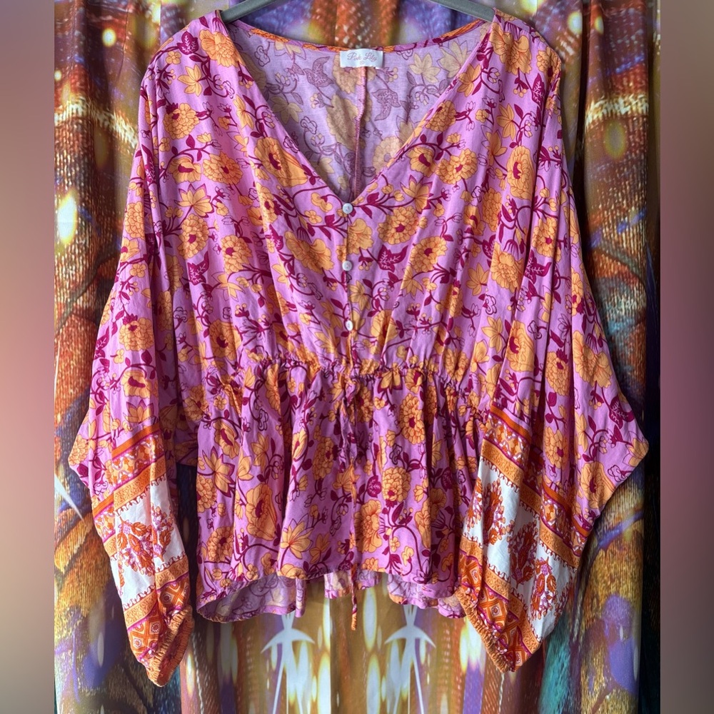 Boho Floral V-Neck Peplum Blouse in Pink and Orange✨